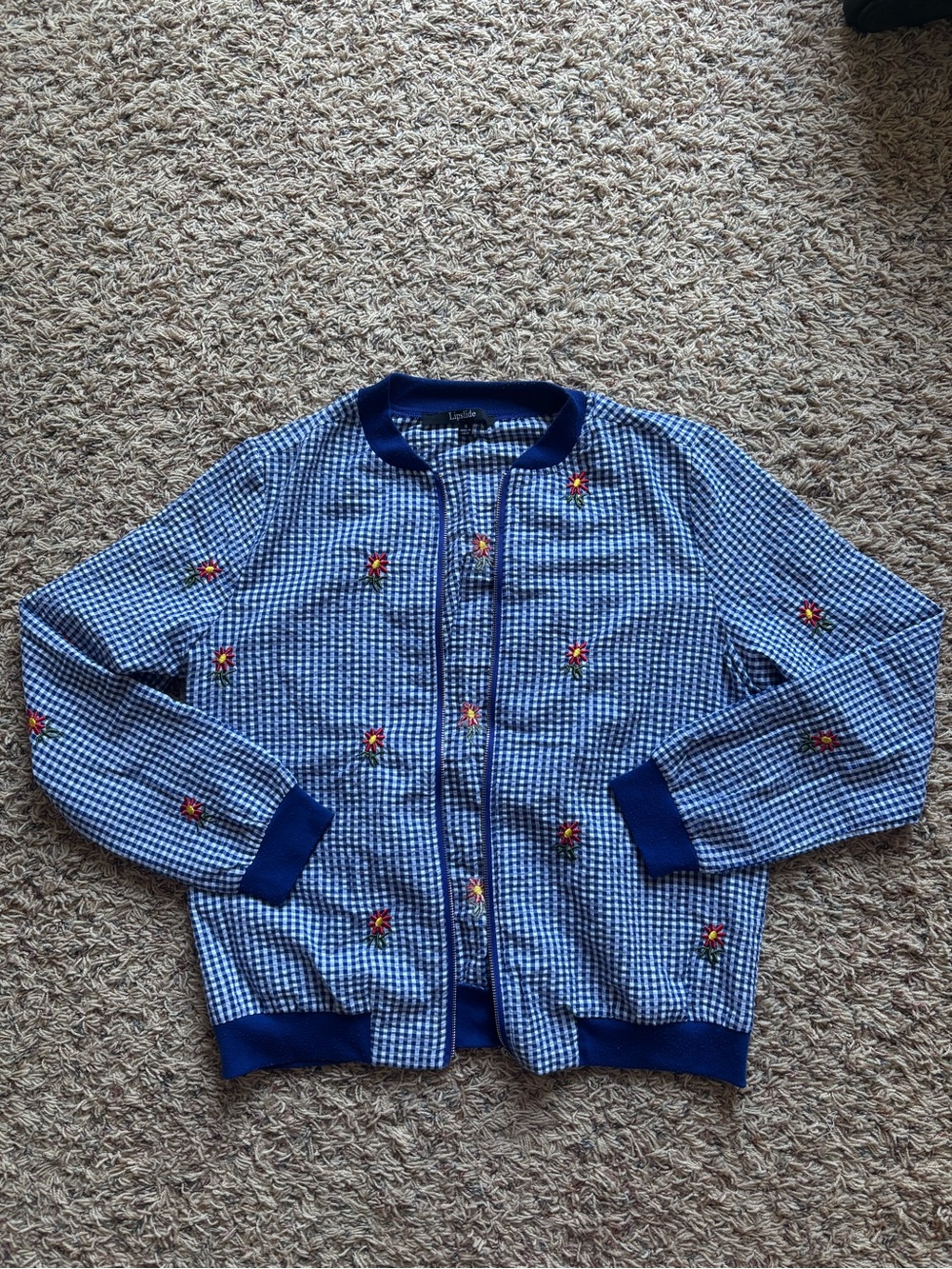 Lipstick Boutique Blue Gingham Embroidered Floral Bomber Jacket Women’s Small